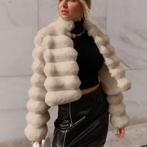 Out Solid Open Front Crop Fuzzy Coat